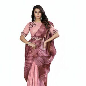 Luxurious Pink Maroon Embroidered Saree in Crepe Satin Silk and Georgette